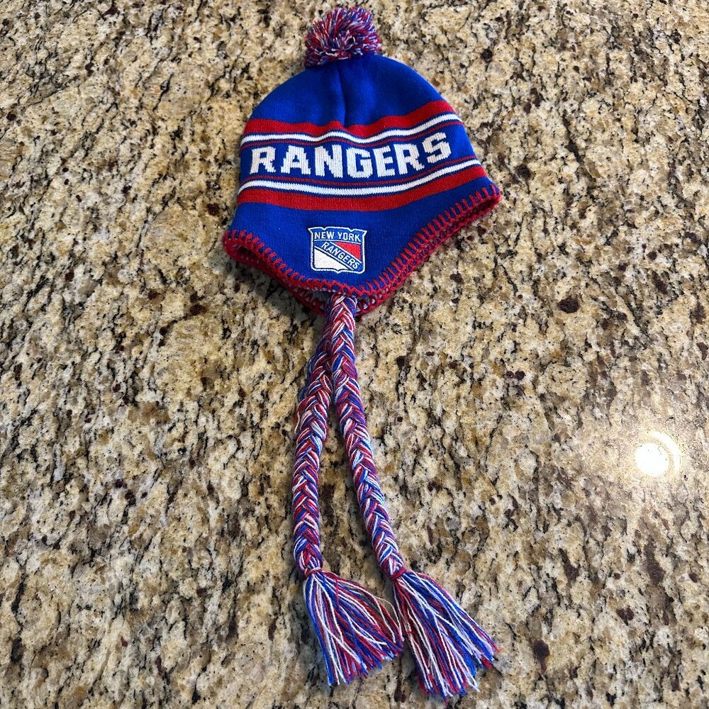 New York Rangers Youth Jacquard Tassel Knit Hat with Pom Blue NHL Hockey Beanie - Picture 3 of 3
